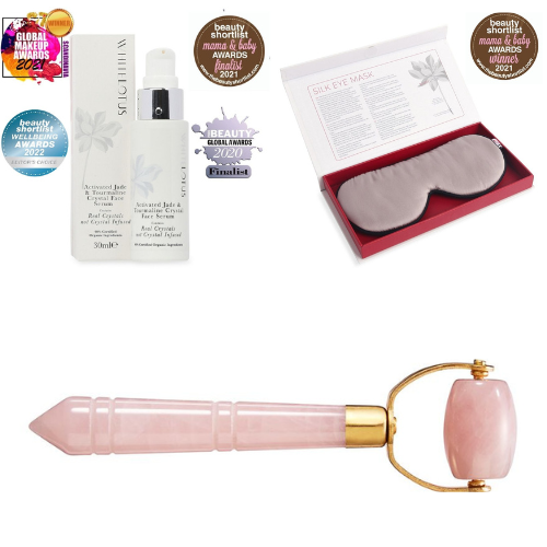 White Lotus Eye Contour Kit (Rose Quartz Roller & Pearl Grey Silk Eye Mask)